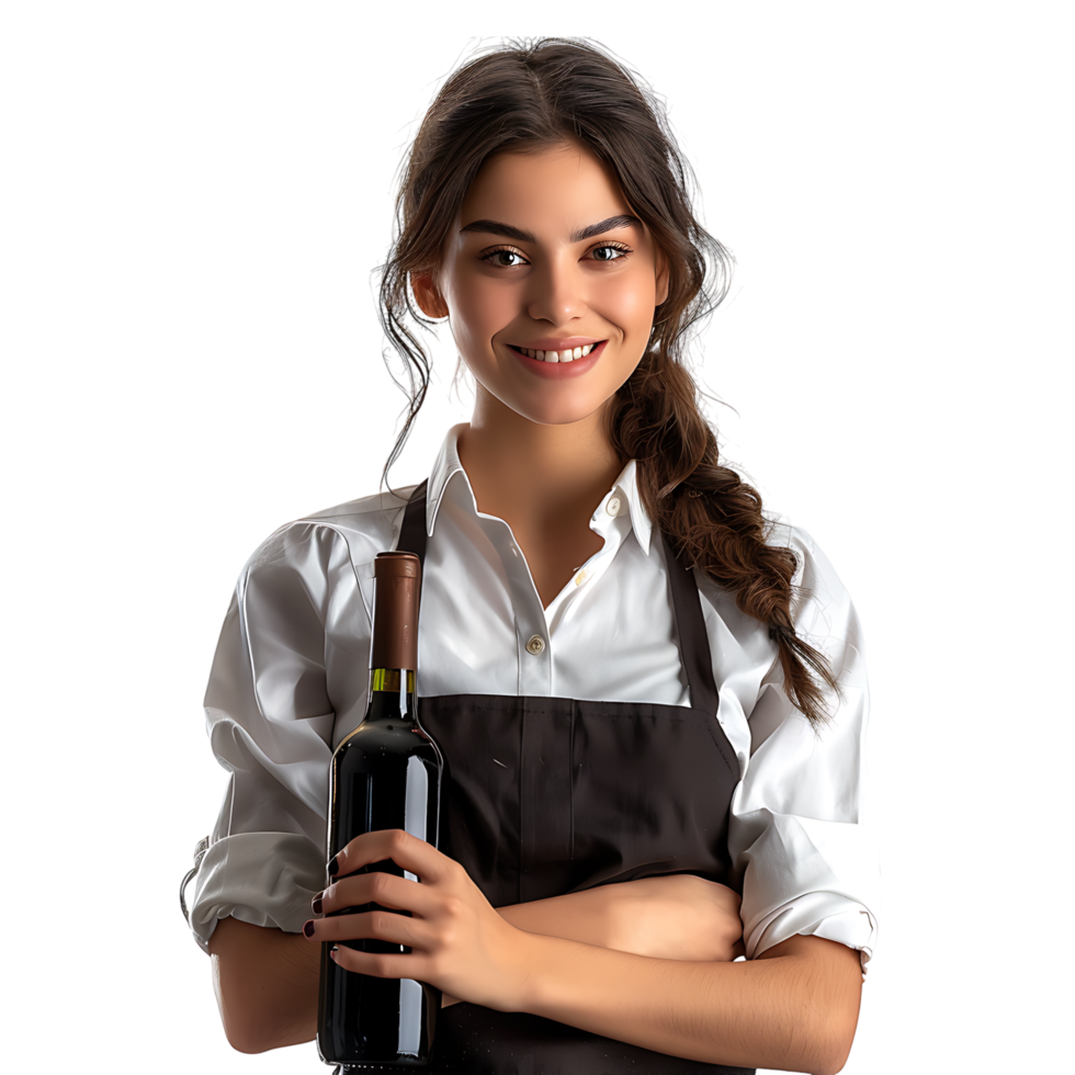 Portrait of beautiful smiling waitress holding bottle of wine on isolated transparent background png