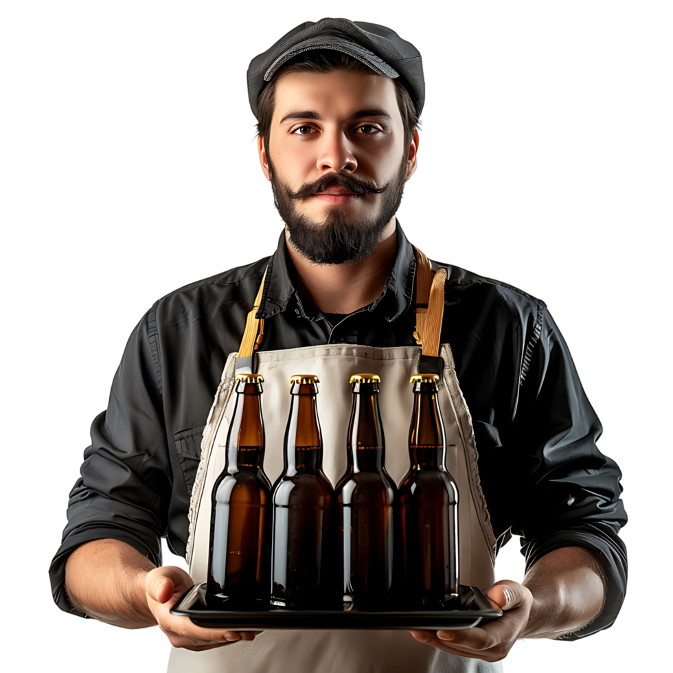 Waiter with beer bottles on the tray on isolated transparent background png