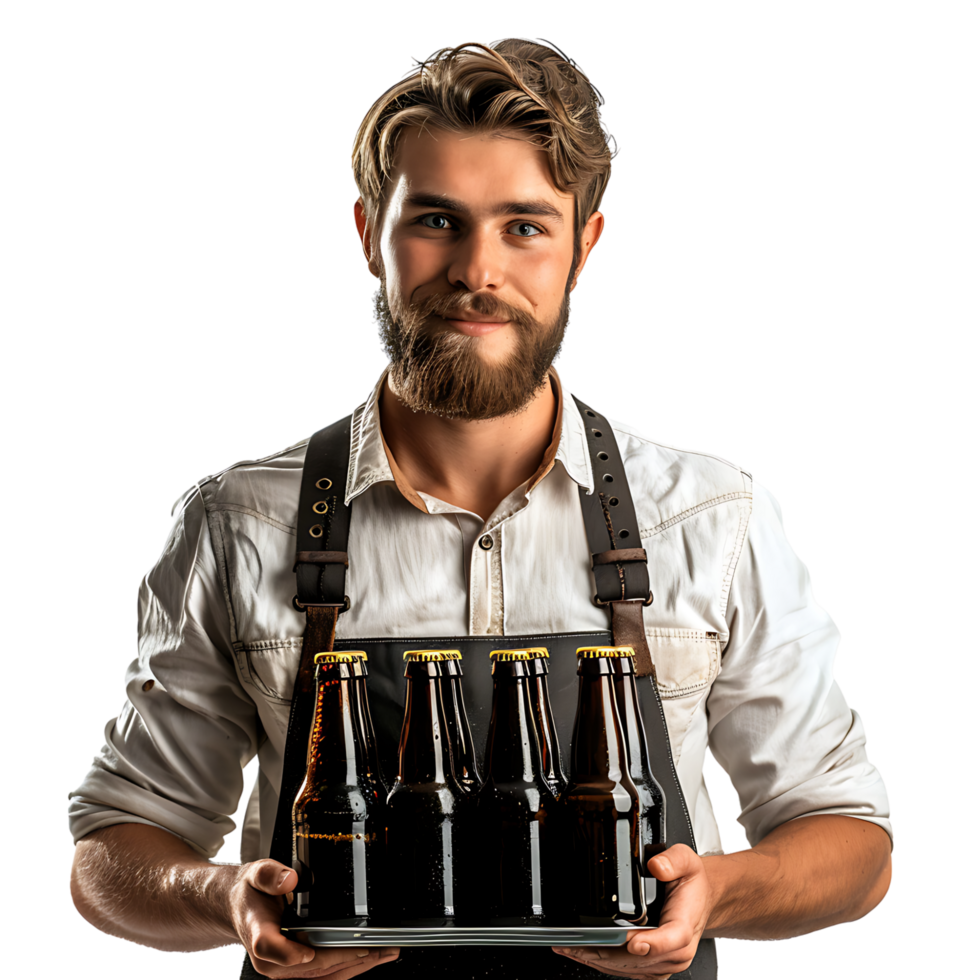 Waiter with beer bottles on the tray on isolated transparent background png