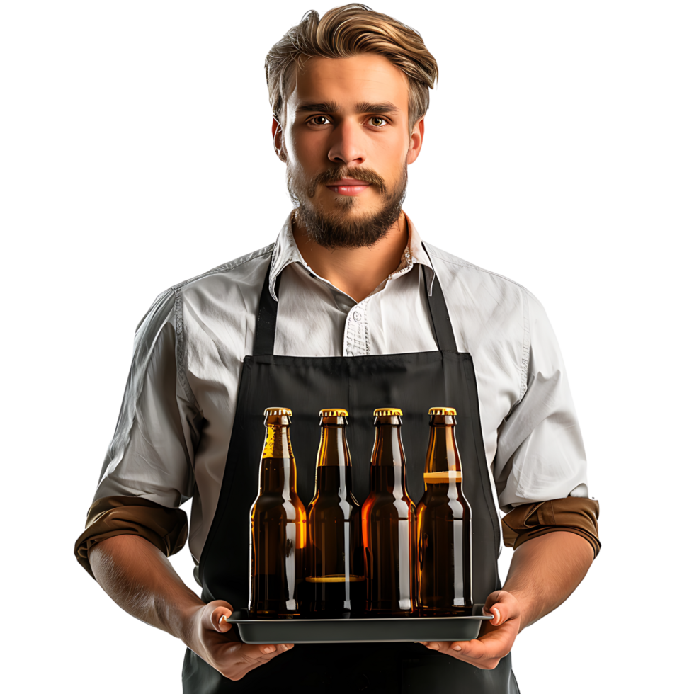 Waiter with beer bottles on the tray on isolated transparent background png