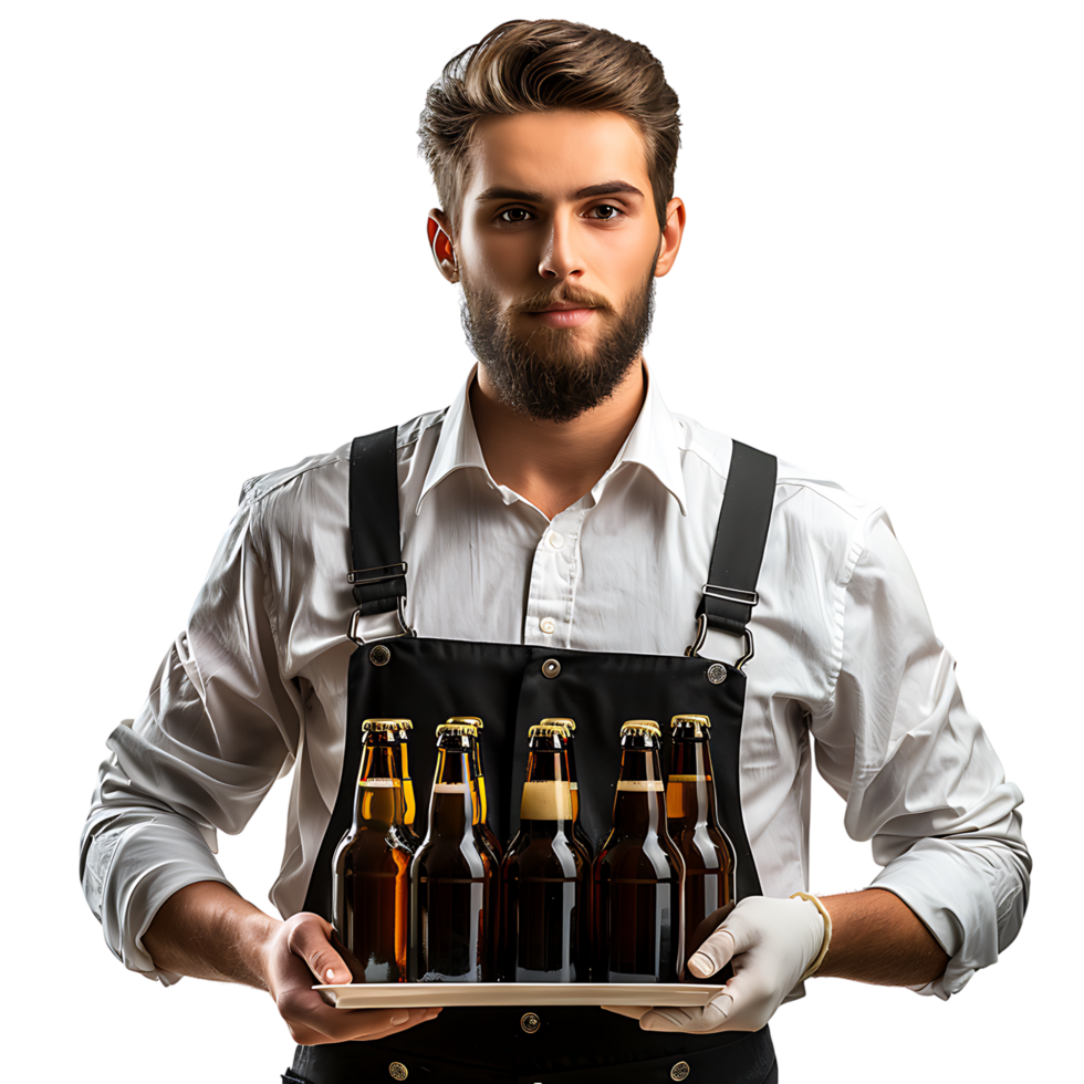 Waiter with beer bottles on the tray on isolated transparent background png