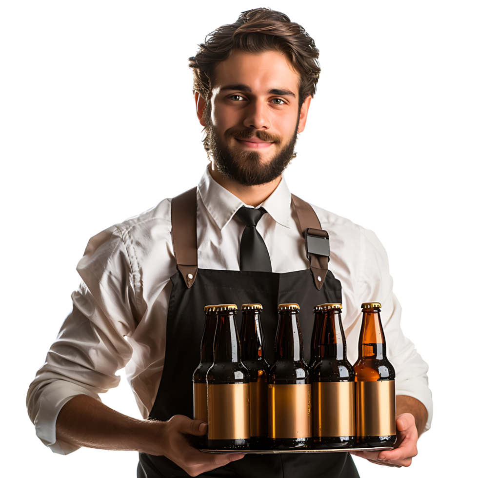 Waiter with beer bottles on the tray on isolated transparent background png