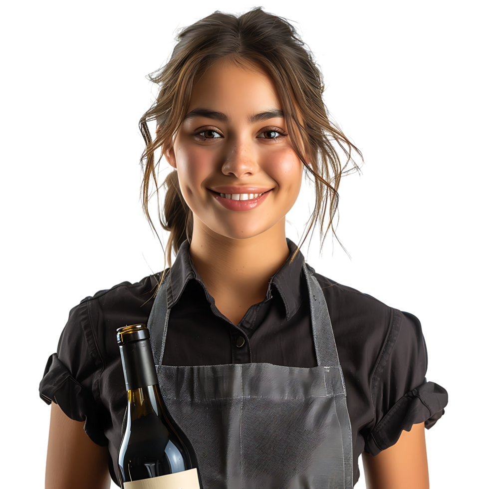 Portrait of beautiful smiling waitress holding bottle of wine on isolated transparent background png