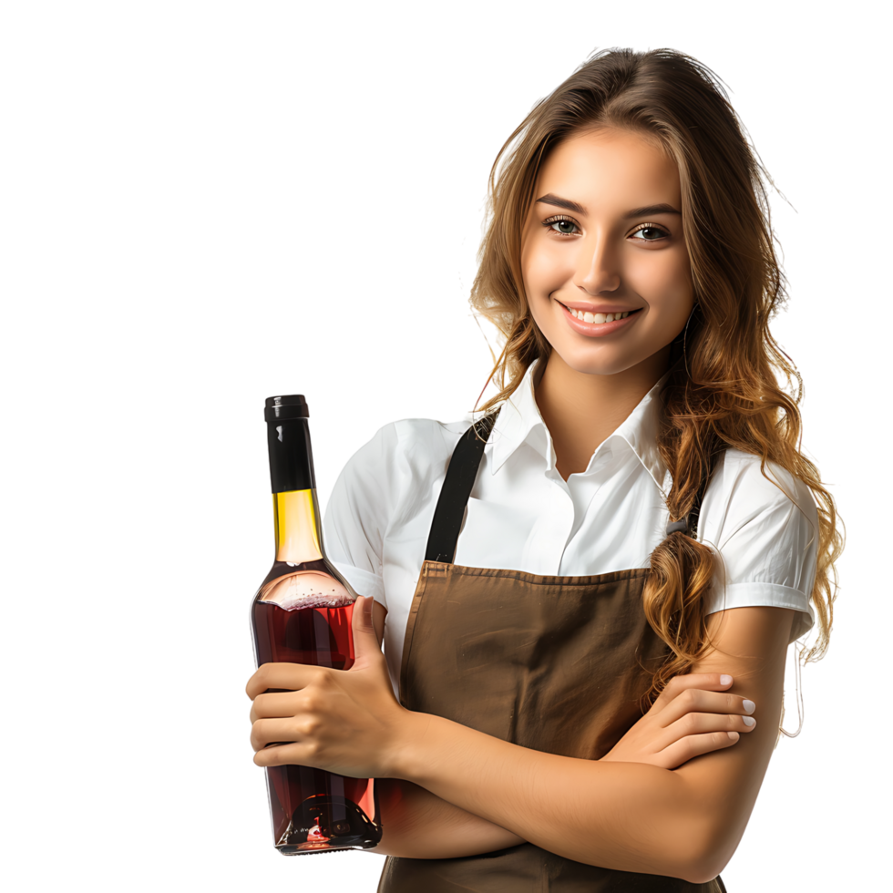 Portrait of beautiful smiling waitress holding bottle of wine on isolated transparent background png