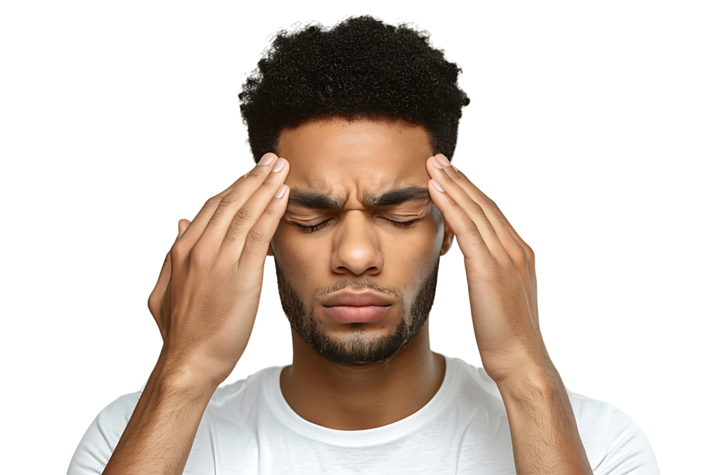 Man suffering from headache, pressing fingers to temples with closed eyes on isolated transparent background png