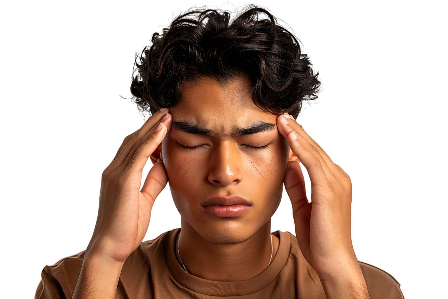 Man suffering from headache, pressing fingers to temples with closed eyes on isolated transparent background png