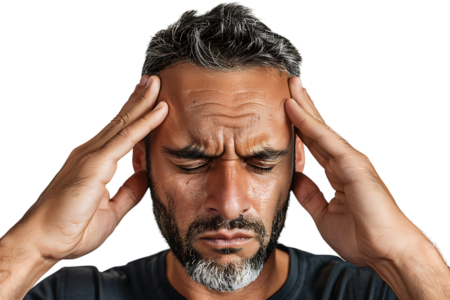 Man suffering from headache, pressing fingers to temples with closed eyes on isolated transparent background png