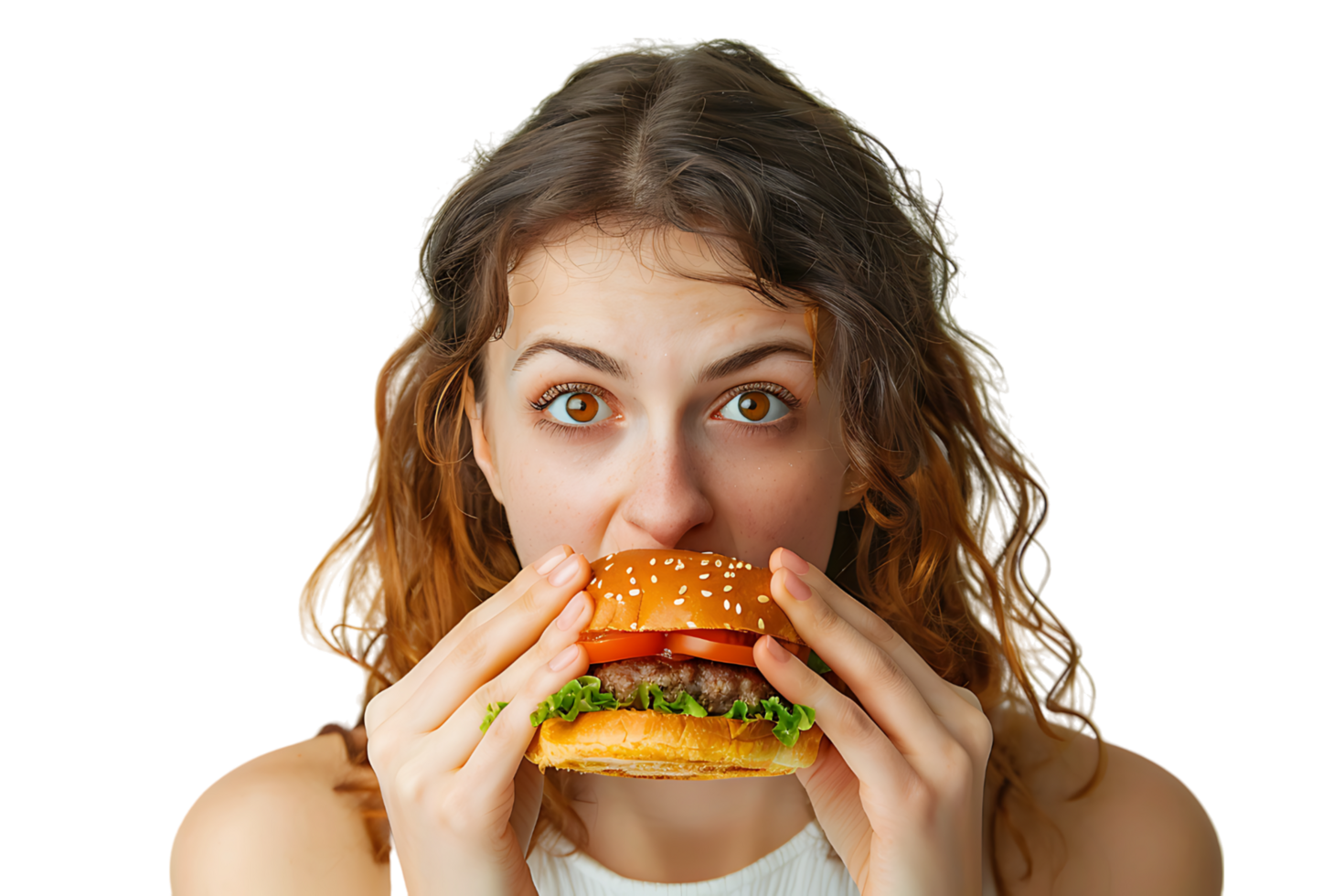 Hungry woman eating burger on isolated transparent background png