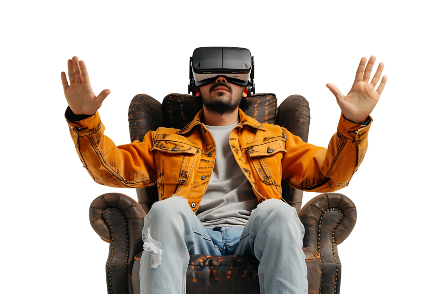 Caucasian male wearing virtual reality headset and sitting on chair on isolated transparent background png