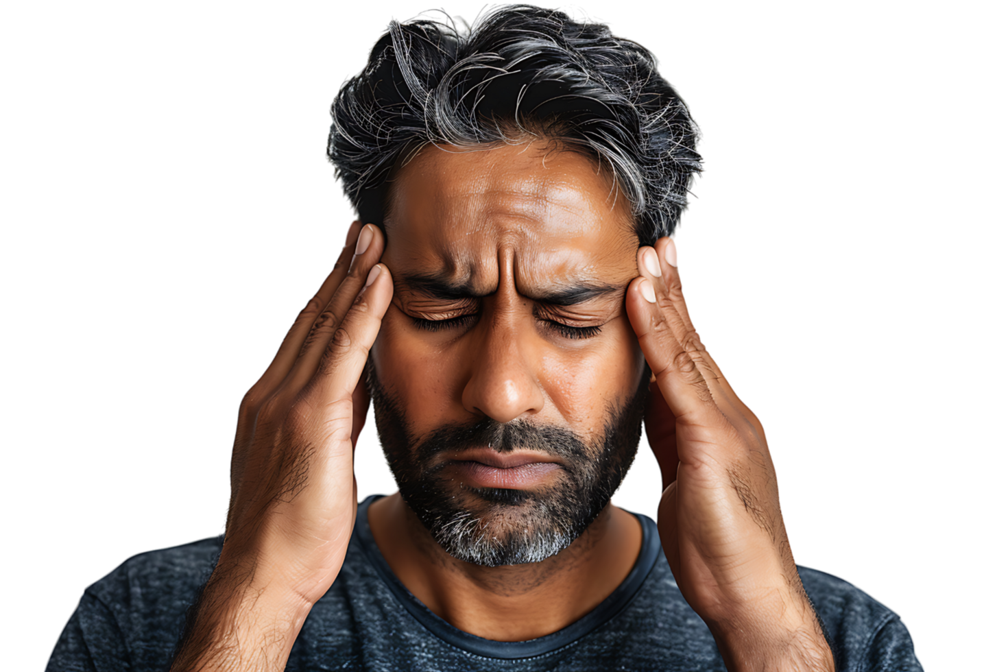 Man suffering from headache, pressing fingers to temples with closed eyes on isolated transparent background png