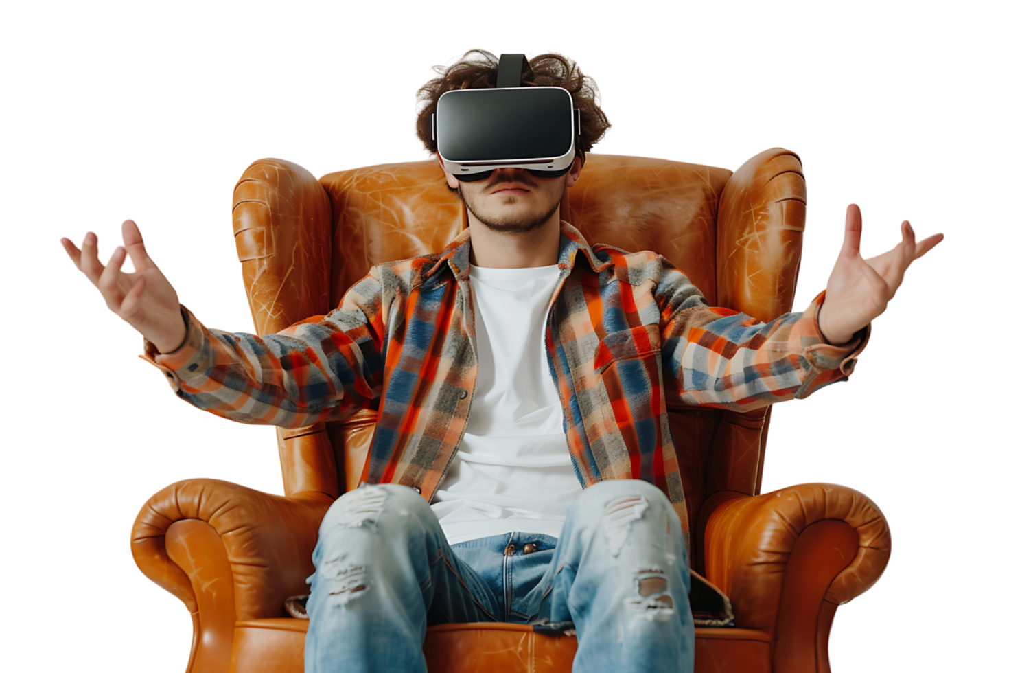 Caucasian male wearing virtual reality headset and sitting on chair on isolated transparent background png