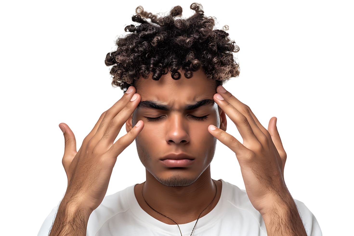 Man suffering from headache, pressing fingers to temples with closed eyes on isolated transparent background png