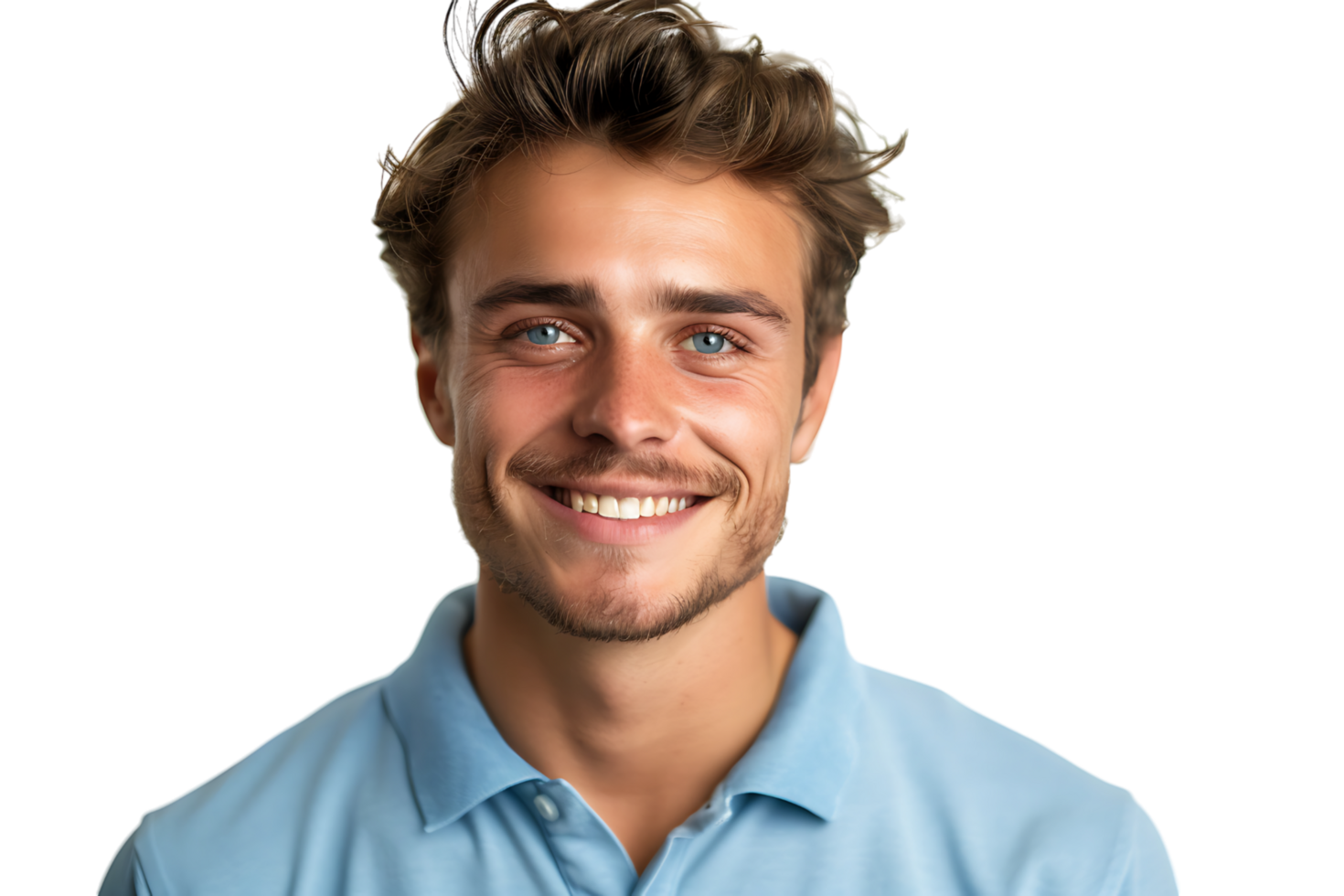 fechar acima retrato do jovem sorridente bonito homem dentro azul pólo camisa em isolado transparente fundo png