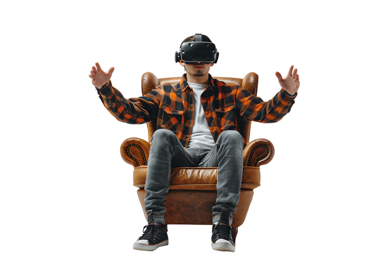 Caucasian male wearing virtual reality headset and sitting on chair on isolated transparent background png