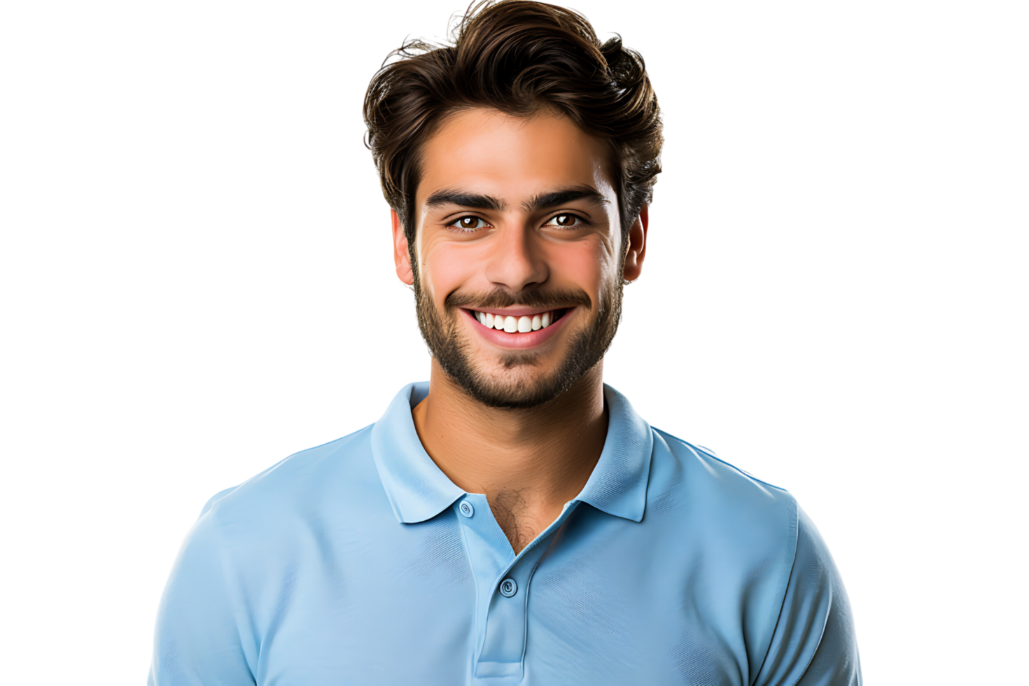 stänga upp porträtt av ung leende stilig man i blå polo skjorta på isolerat transparent bakgrund png