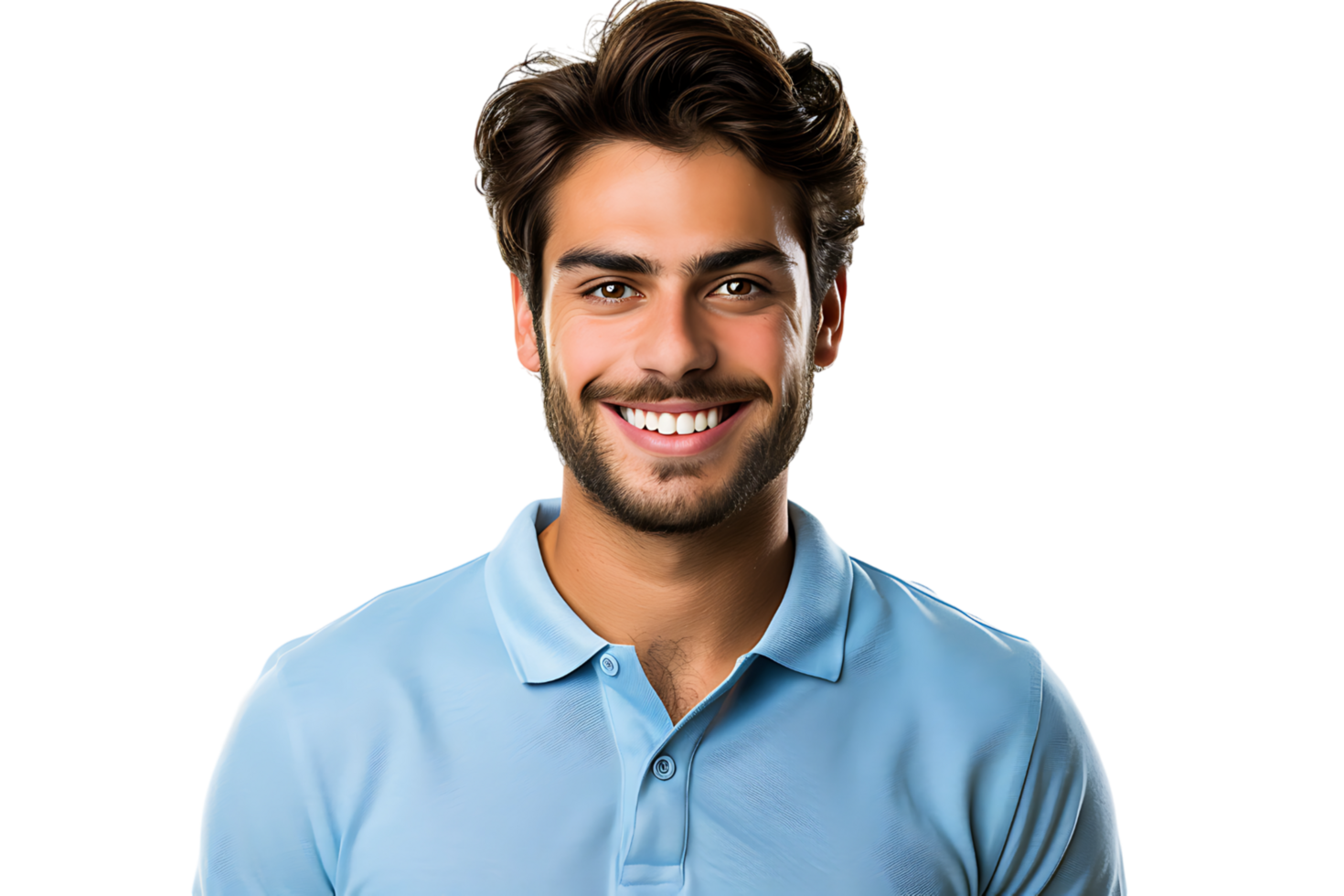 cerca arriba retrato de joven sonriente hermoso hombre en azul polo camisa en aislado transparente antecedentes png