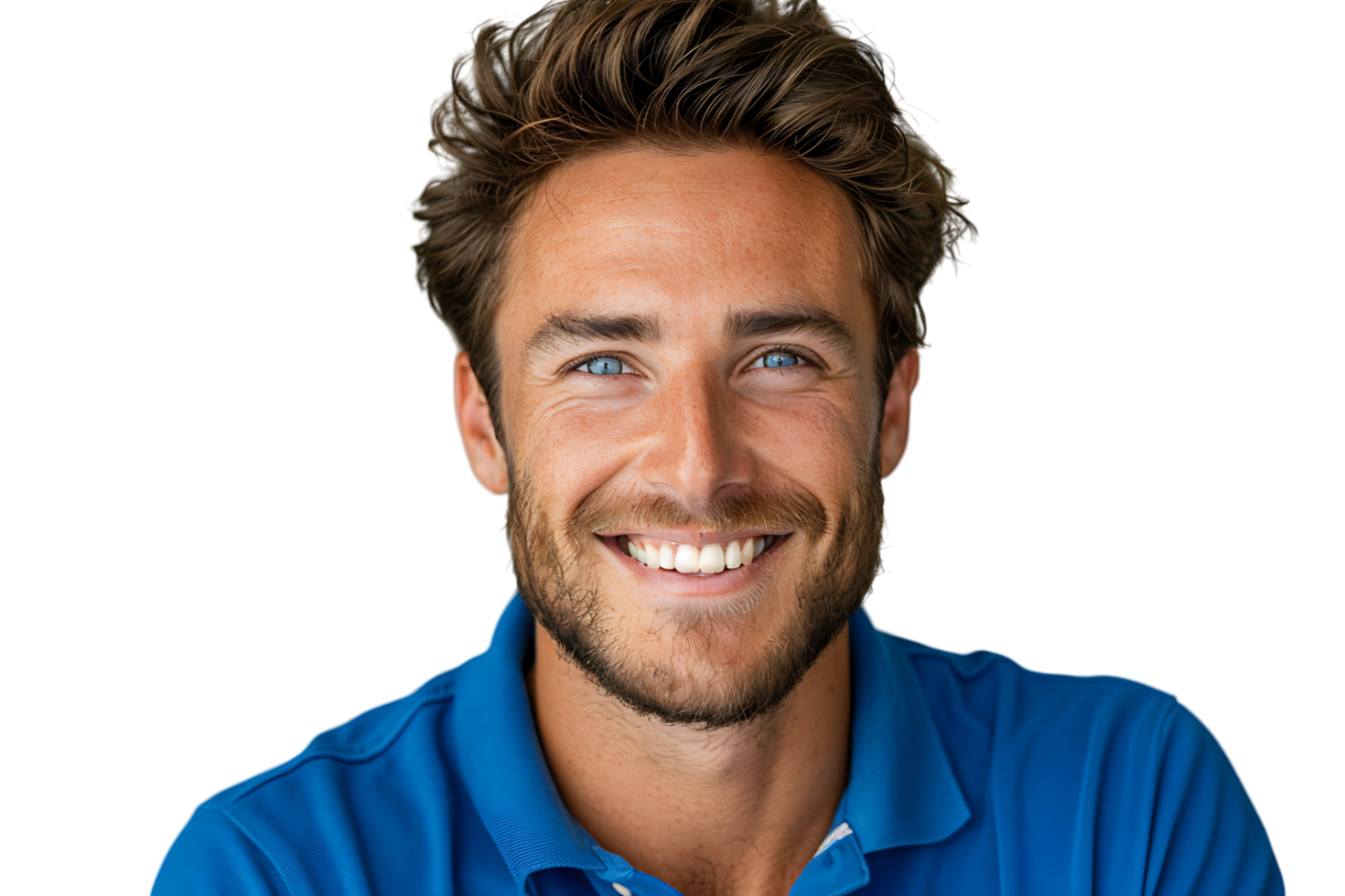 Close up portrait of young smiling handsome man in blue polo shirt on isolated transparent background png