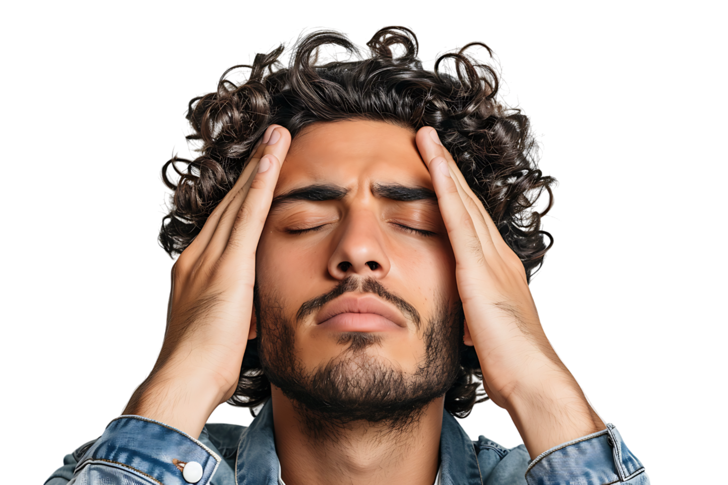 Man suffering from headache, pressing fingers to temples with closed eyes on isolated transparent background png