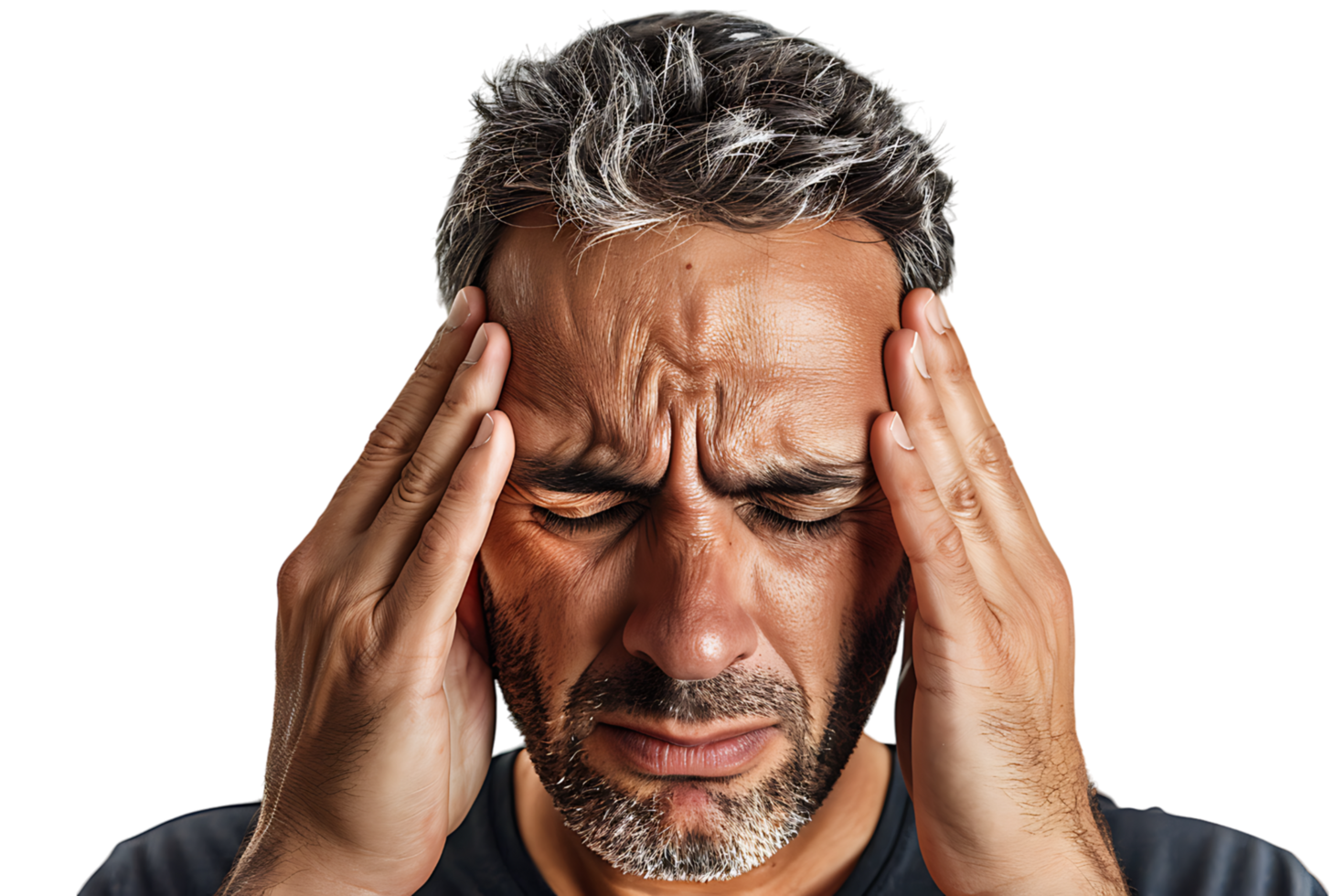 Man suffering from headache, pressing fingers to temples with closed eyes on isolated transparent background png