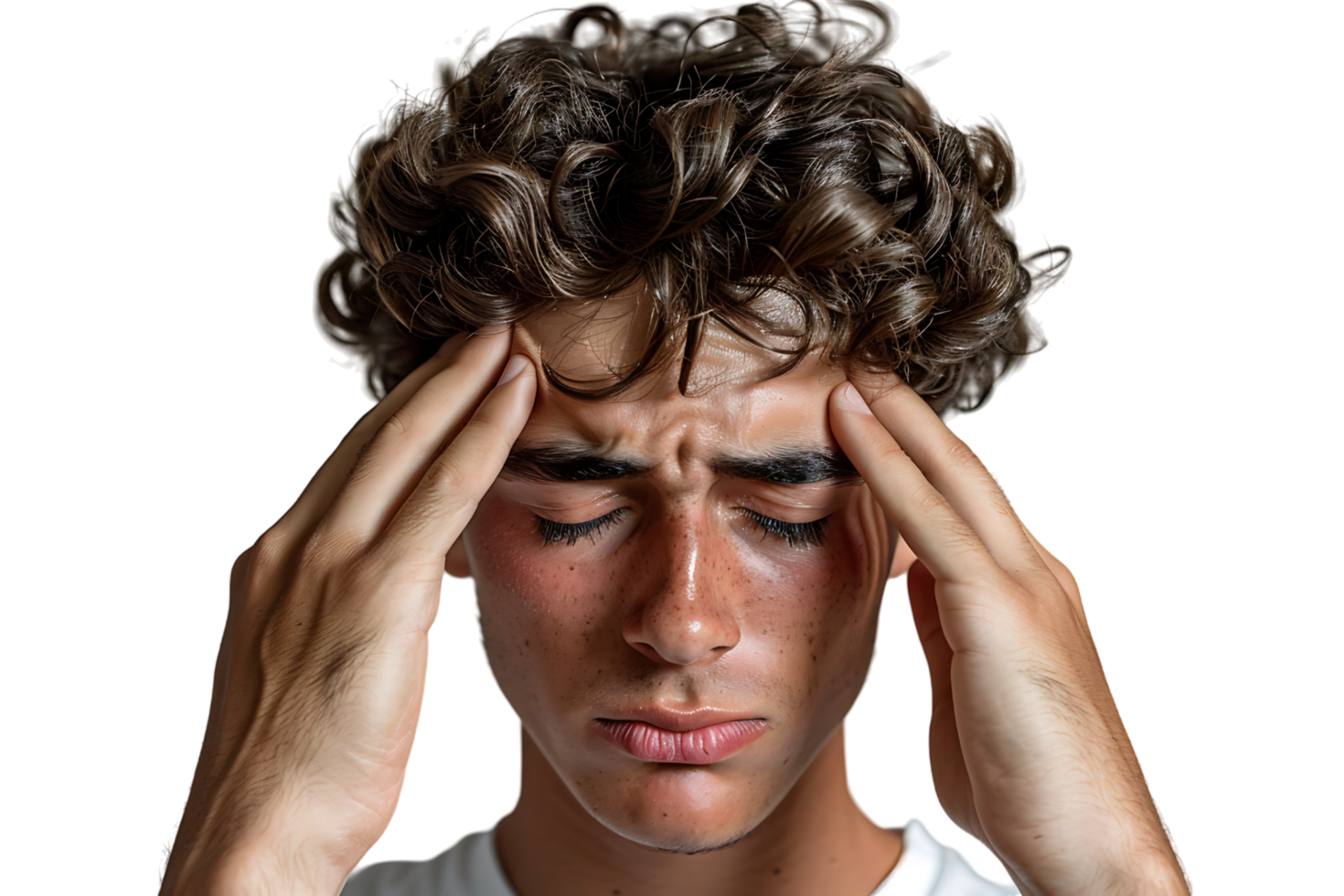 Man suffering from headache, pressing fingers to temples with closed eyes on isolated transparent background png