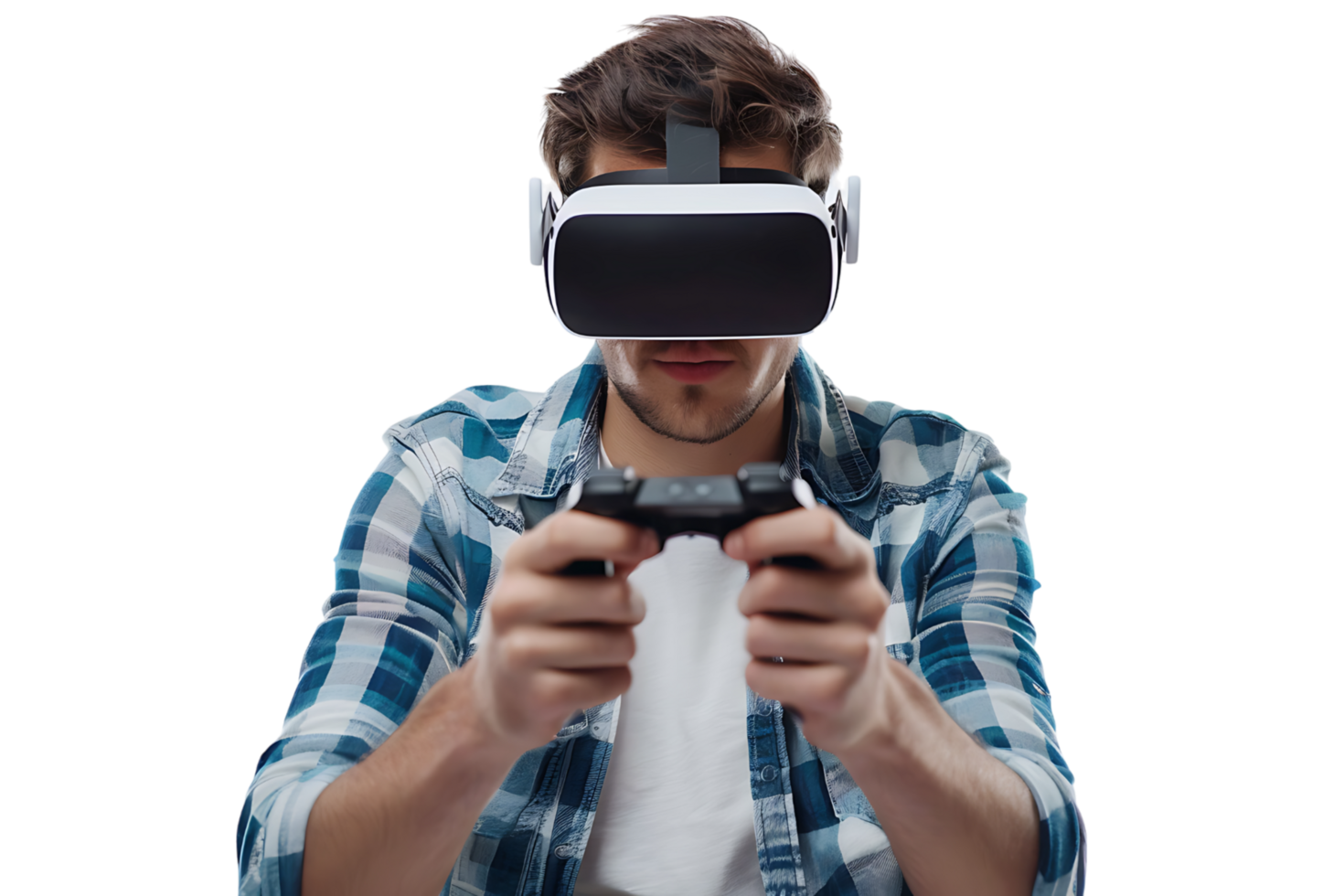 Man wearing virtual reality headset and playing game on isolated transparent background png