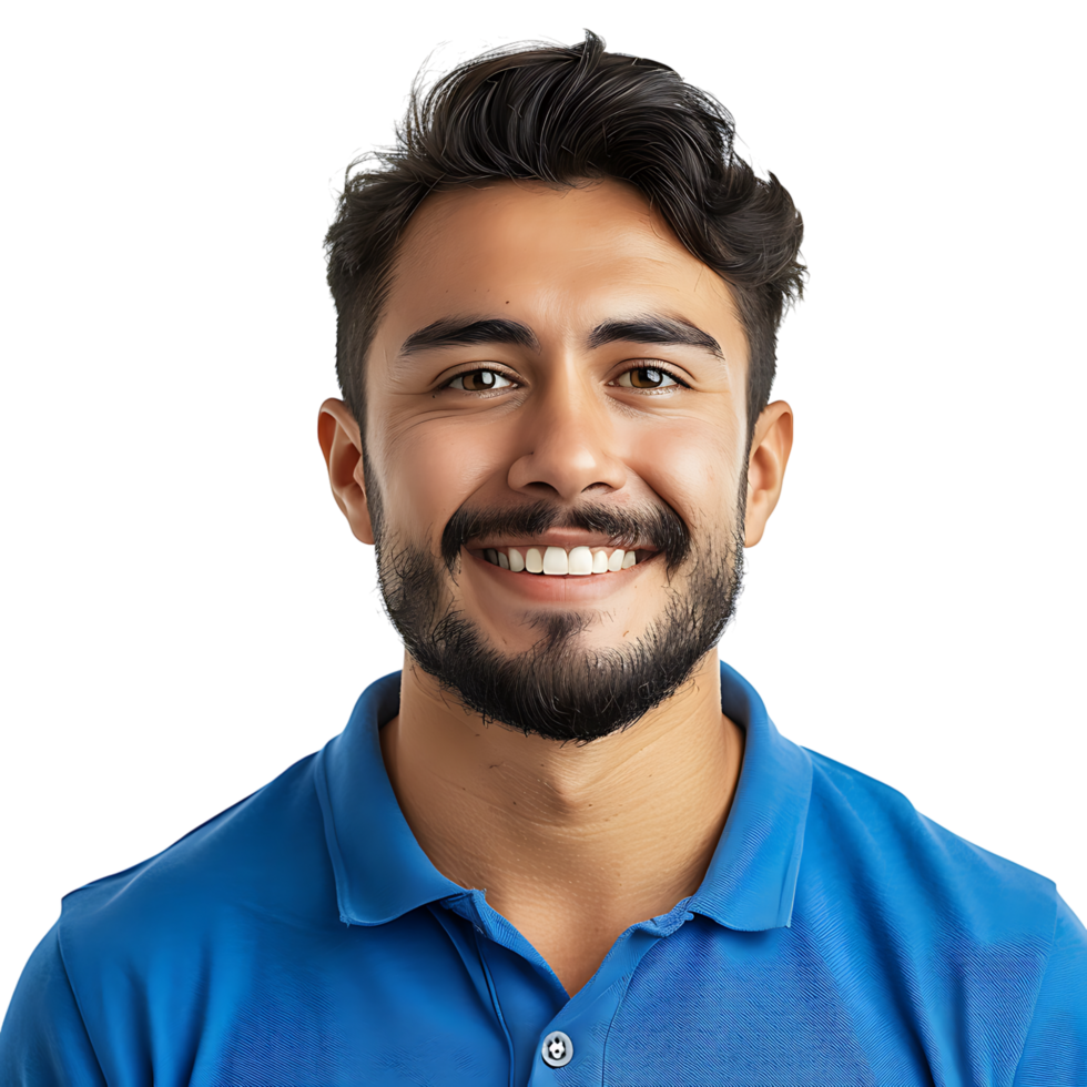 Close up portrait of young smiling handsome man in blue polo shirt on isolated transparent background png