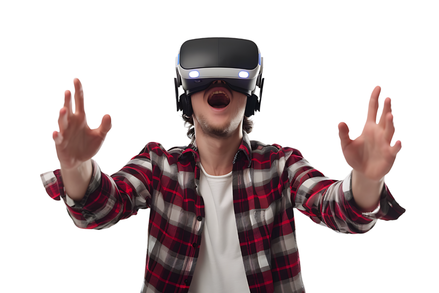 Man wearing virtual reality headset and playing game on isolated transparent background png