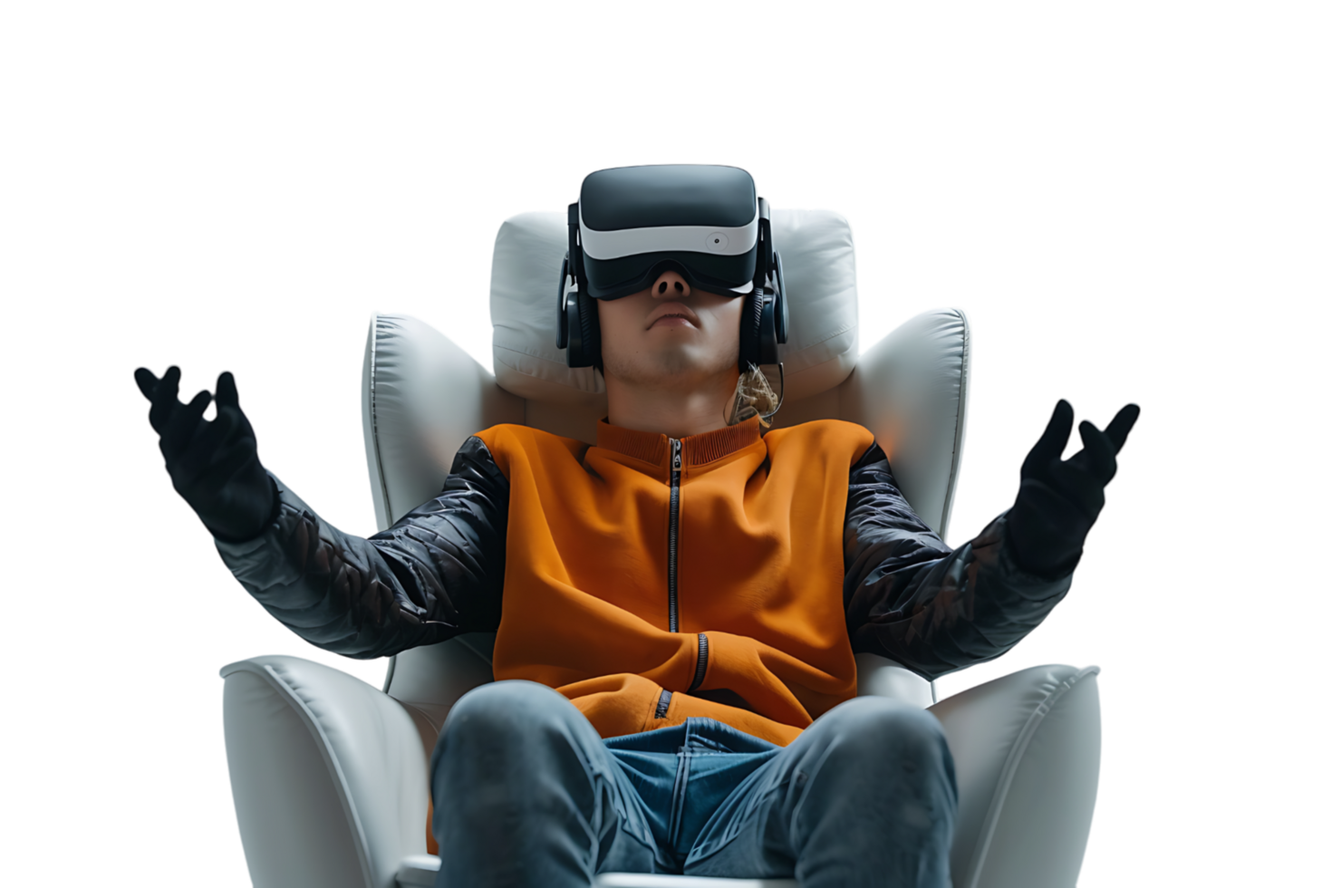Caucasian male wearing virtual reality headset and sitting on chair on isolated transparent background png