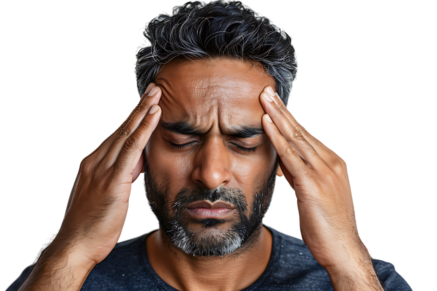 Man suffering from headache, pressing fingers to temples with closed eyes on isolated transparent background png