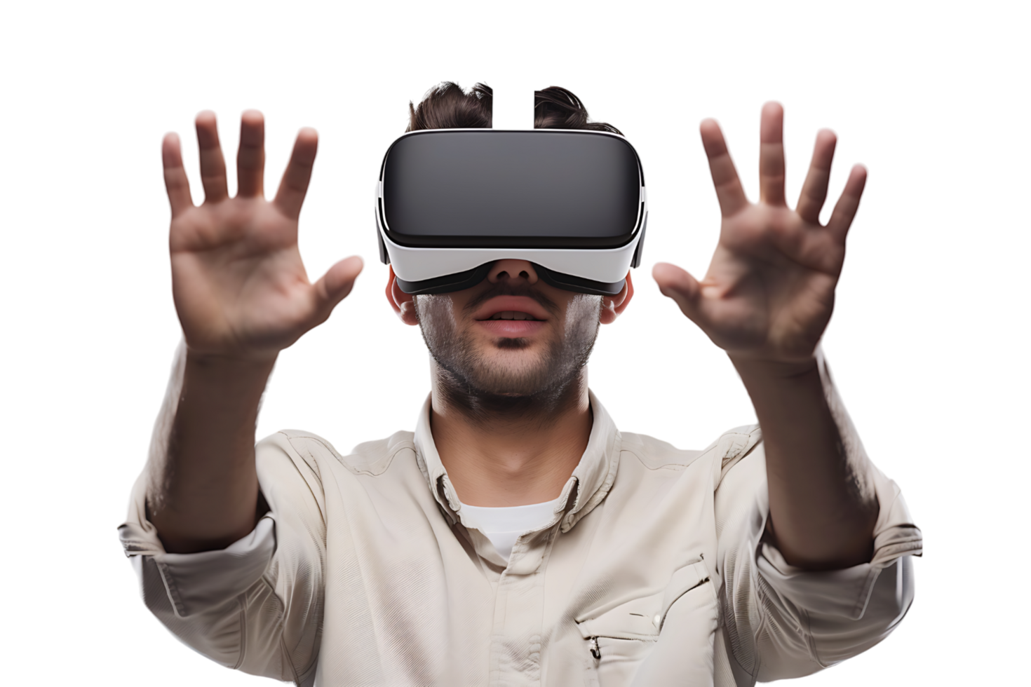 Caucasian male wearing virtual reality headset on isolated transparent background png