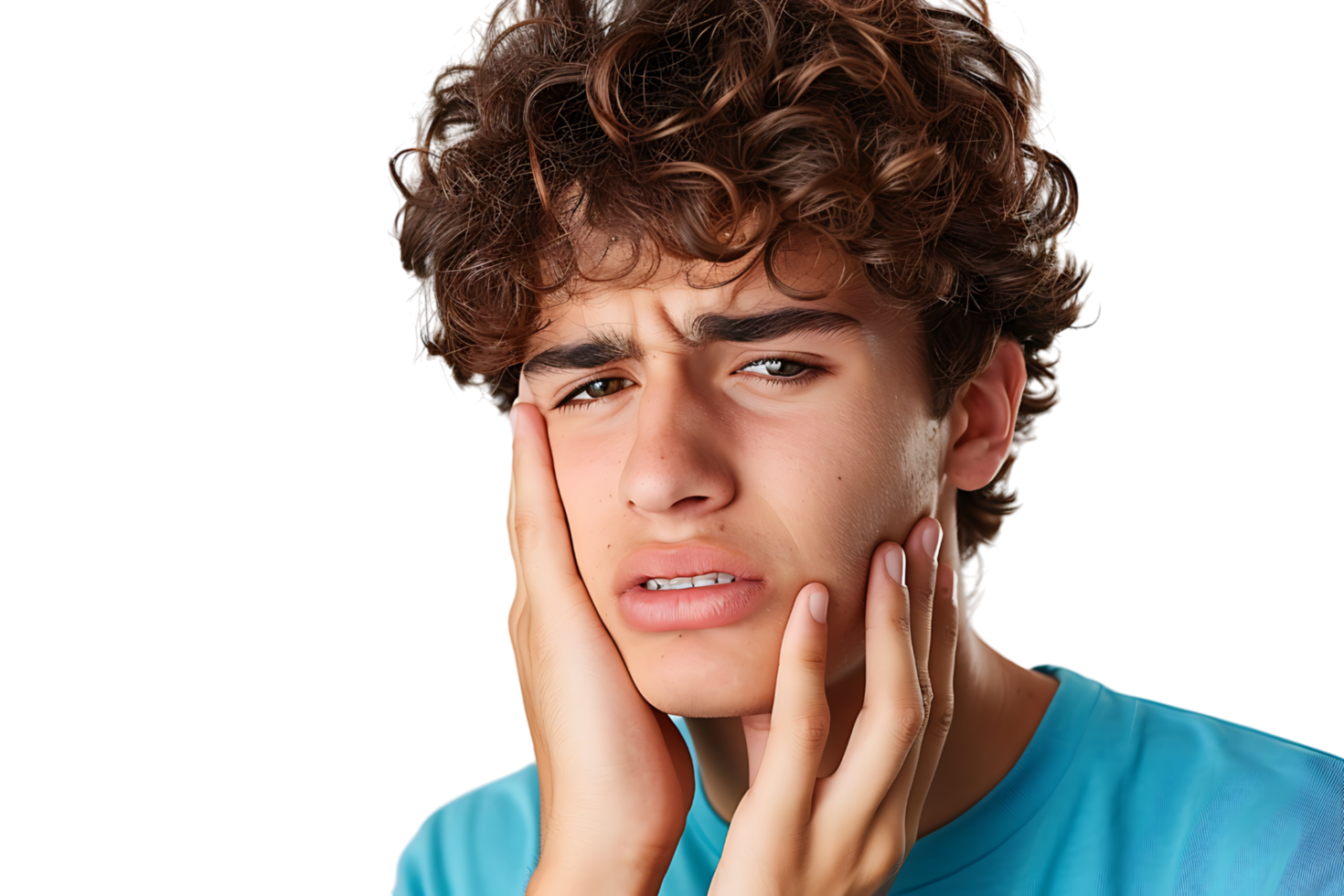 young male holding her cheek with hand, suffering from bad tooth ache on isolated transparent background png