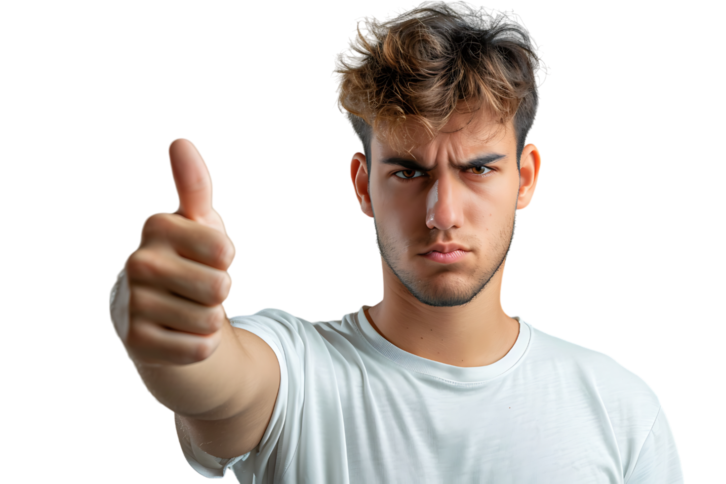 Unhappy man doing thumbs up on isolated transparent background png