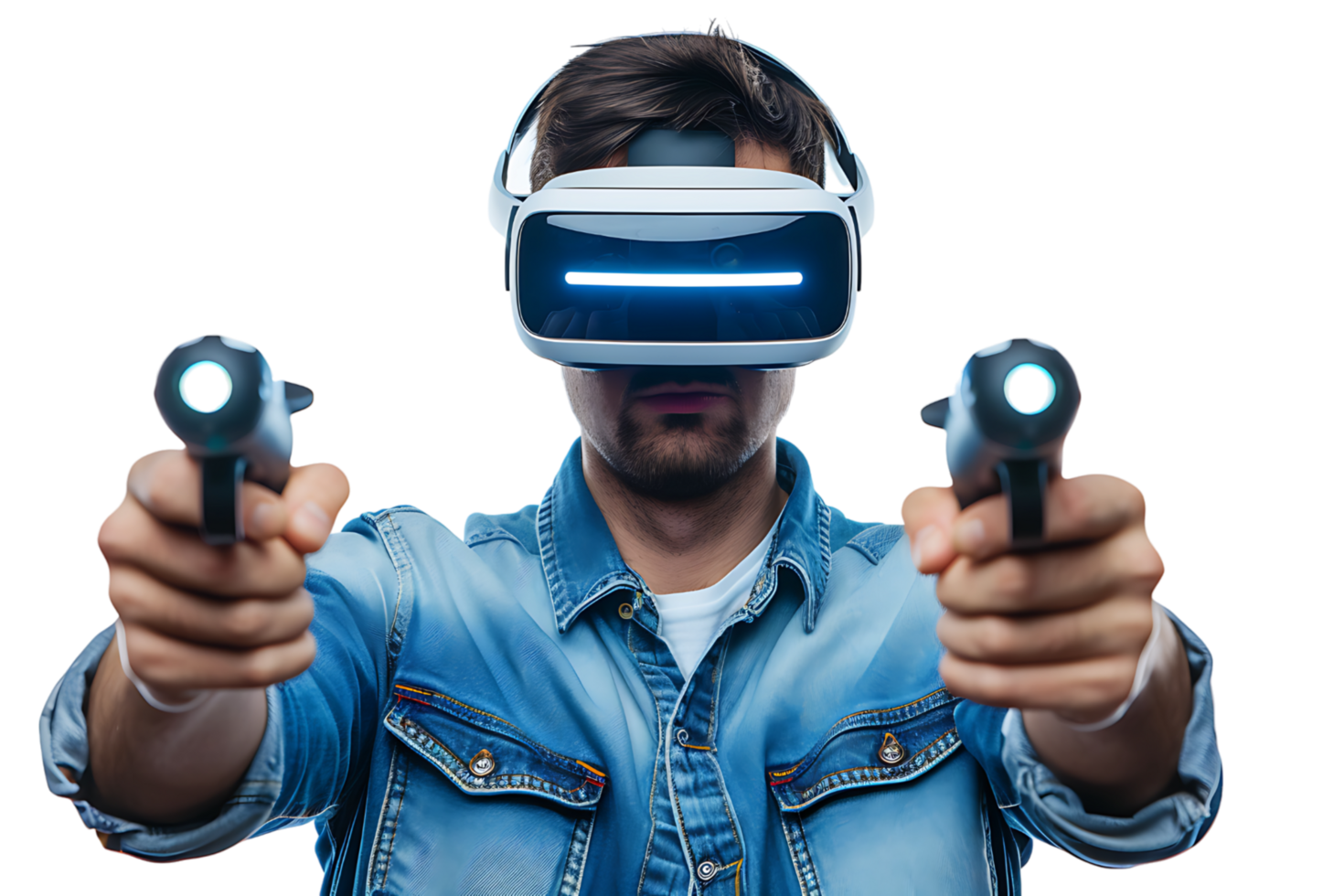 Man wearing virtual reality headset and playing game on isolated transparent background png