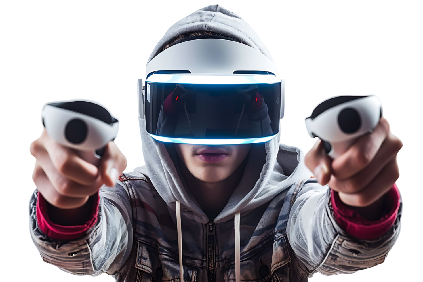 Man wearing virtual reality headset and playing game on isolated transparent background png