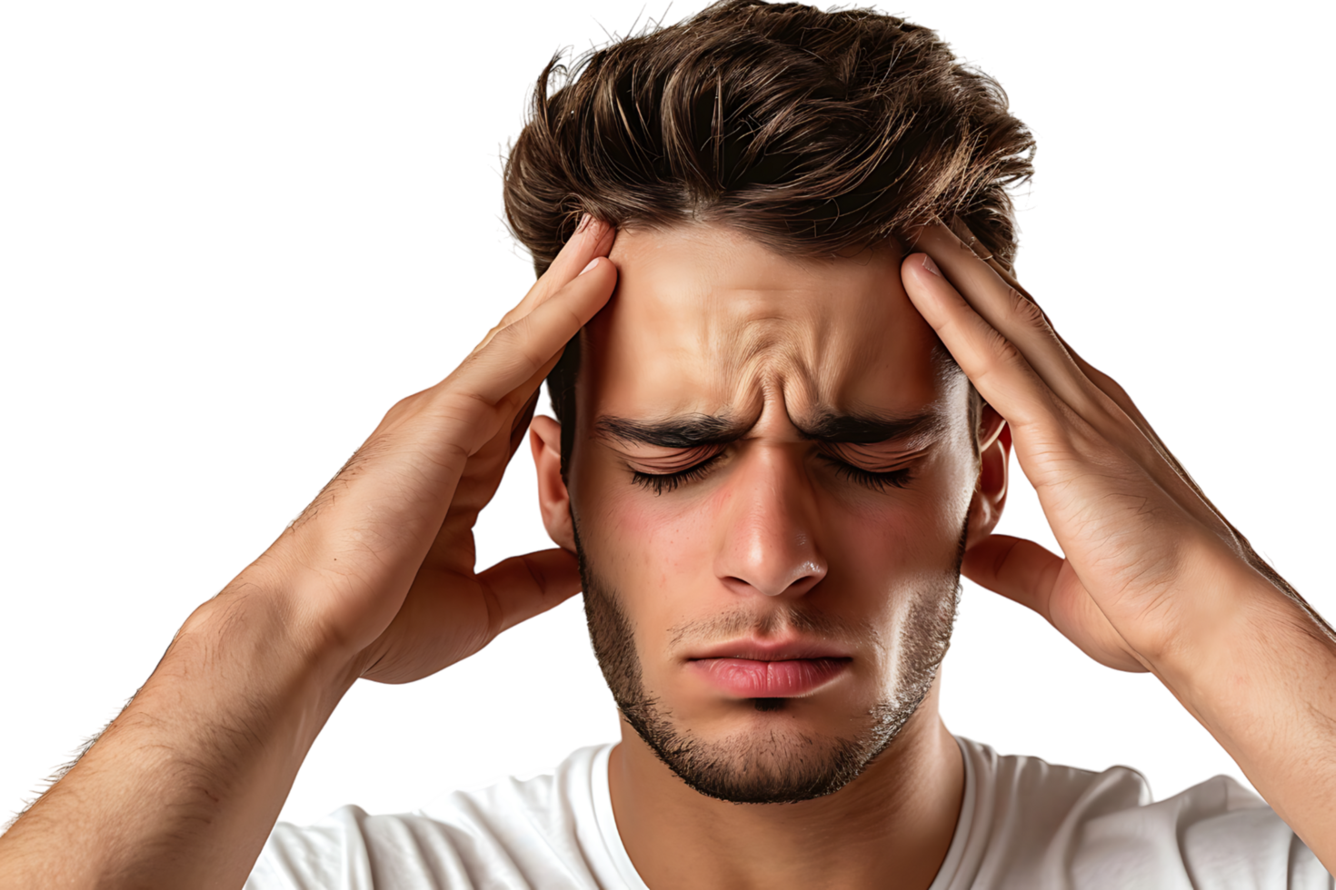 Man suffering from headache, pressing fingers to temples with closed eyes on isolated transparent background png