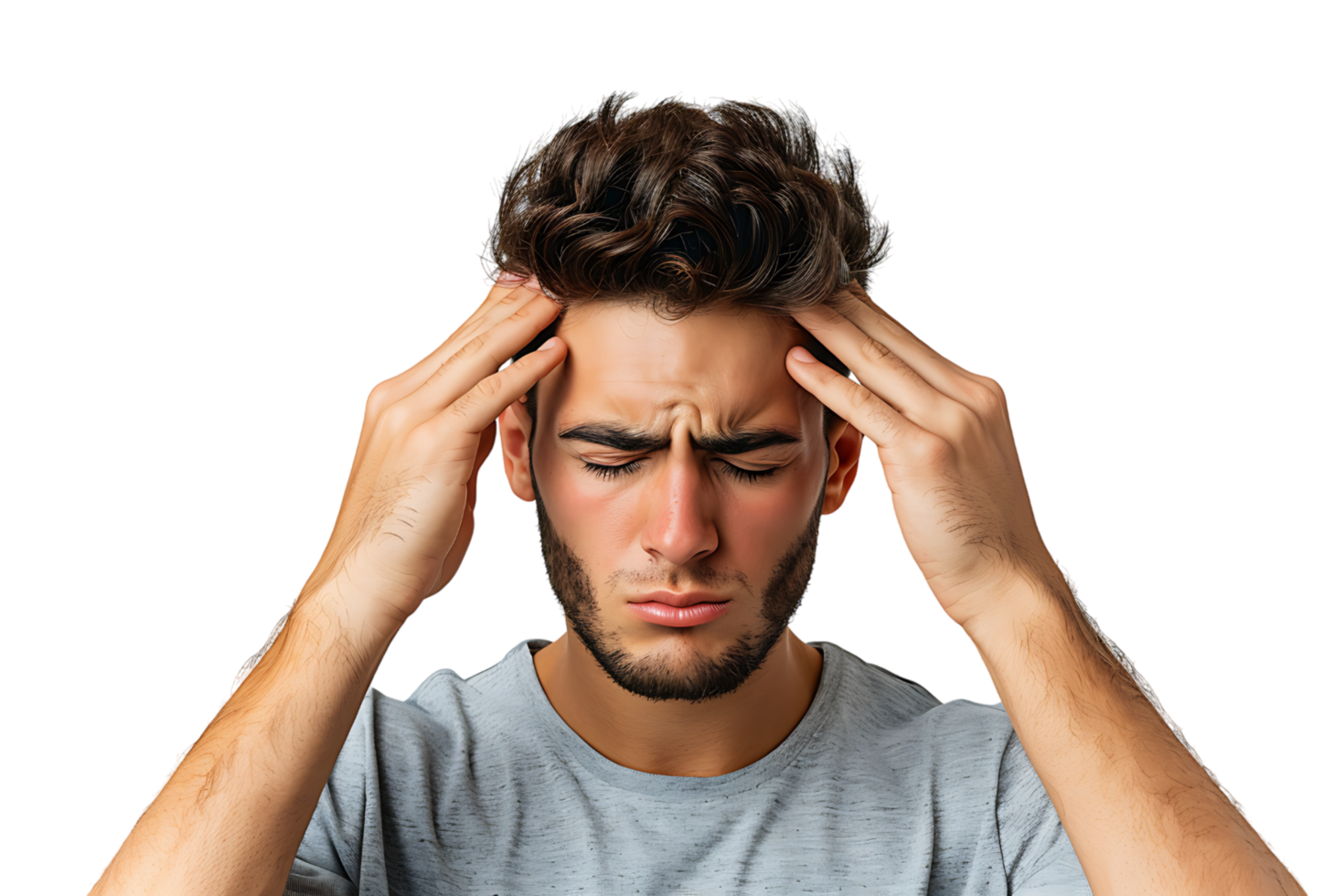 Man suffering from headache, pressing fingers to temples with closed eyes on isolated transparent background png