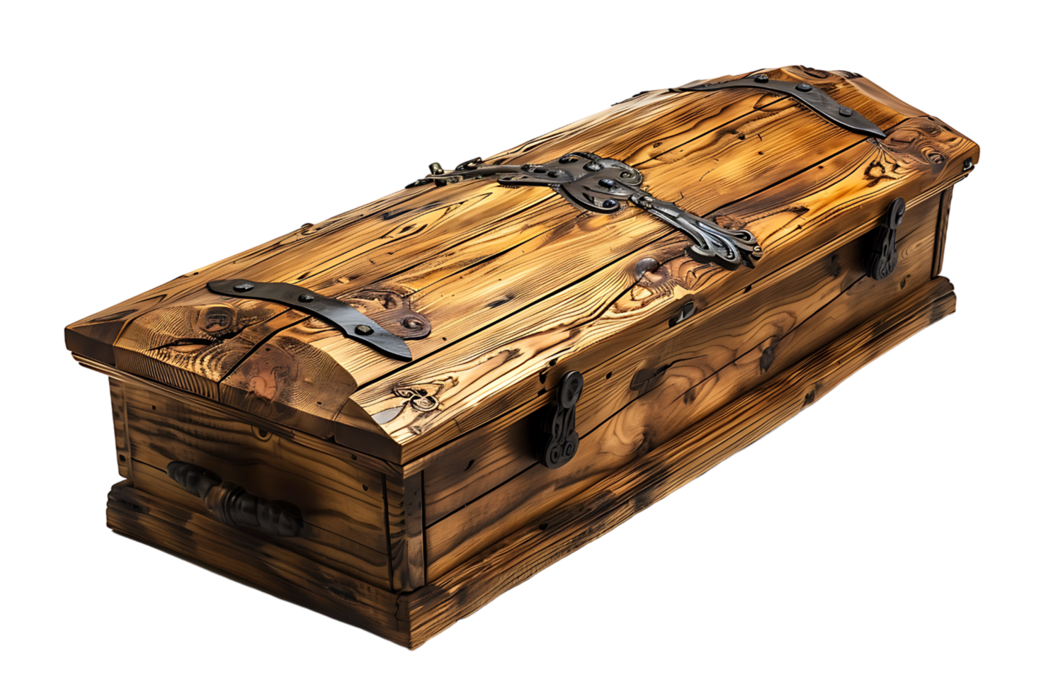 Opened wooden coffin on isolated transparent background png