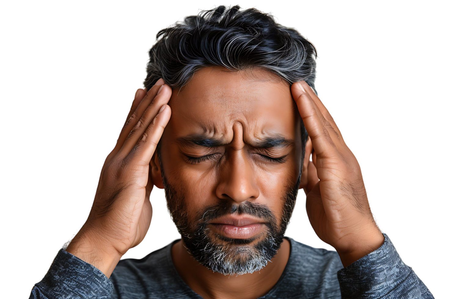 Man suffering from headache, pressing fingers to temples with closed eyes on isolated transparent background png