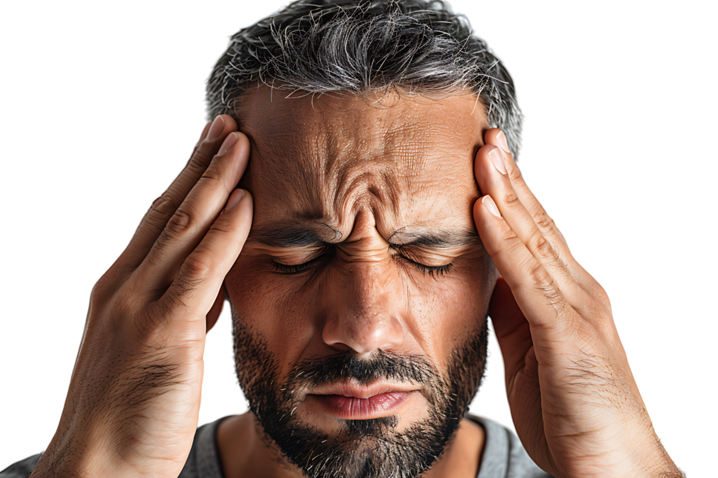 homem sofrimento a partir de dor de cabeça, pressionando dedos para templos com fechadas olhos em isolado transparente fundo png