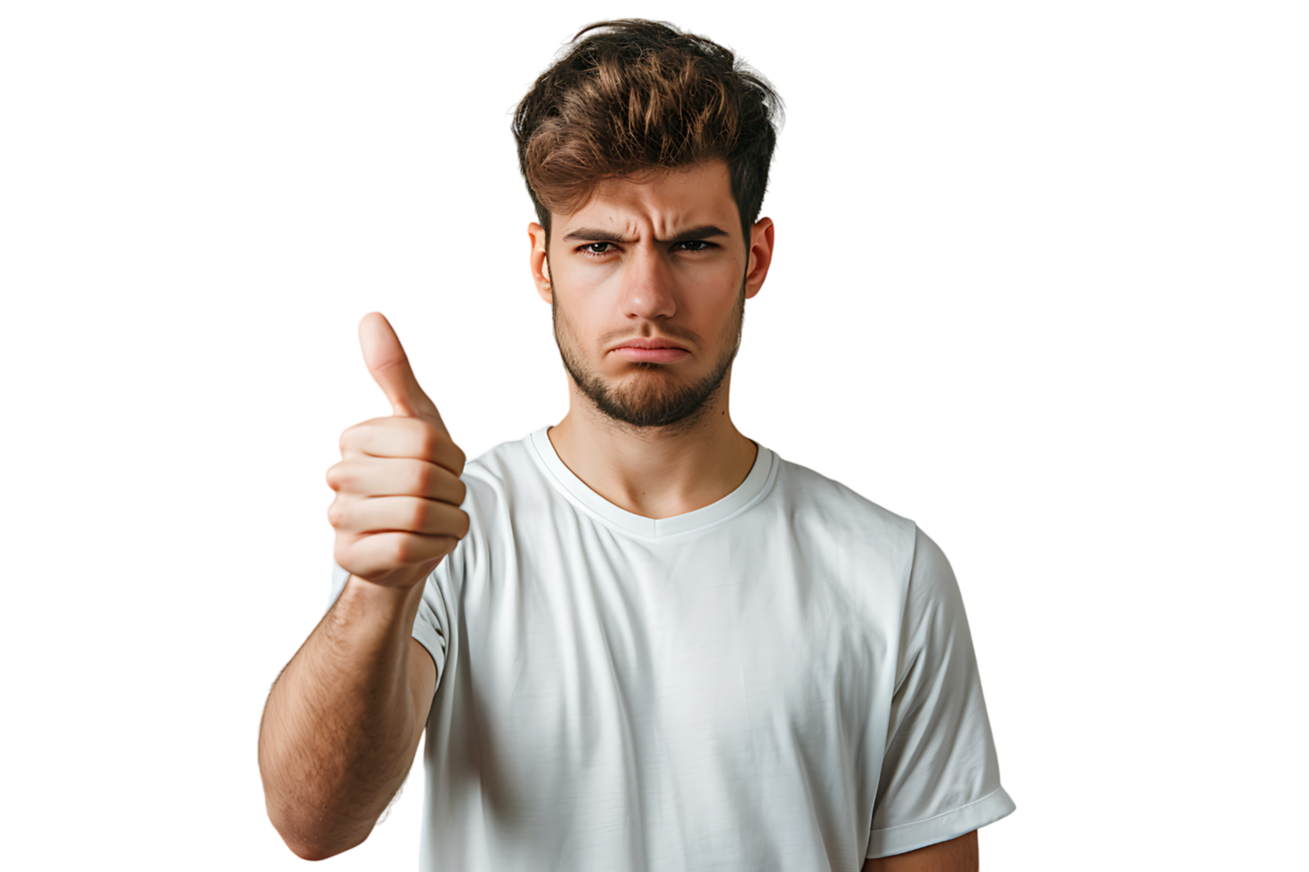 Unhappy man doing thumbs up on isolated transparent background png
