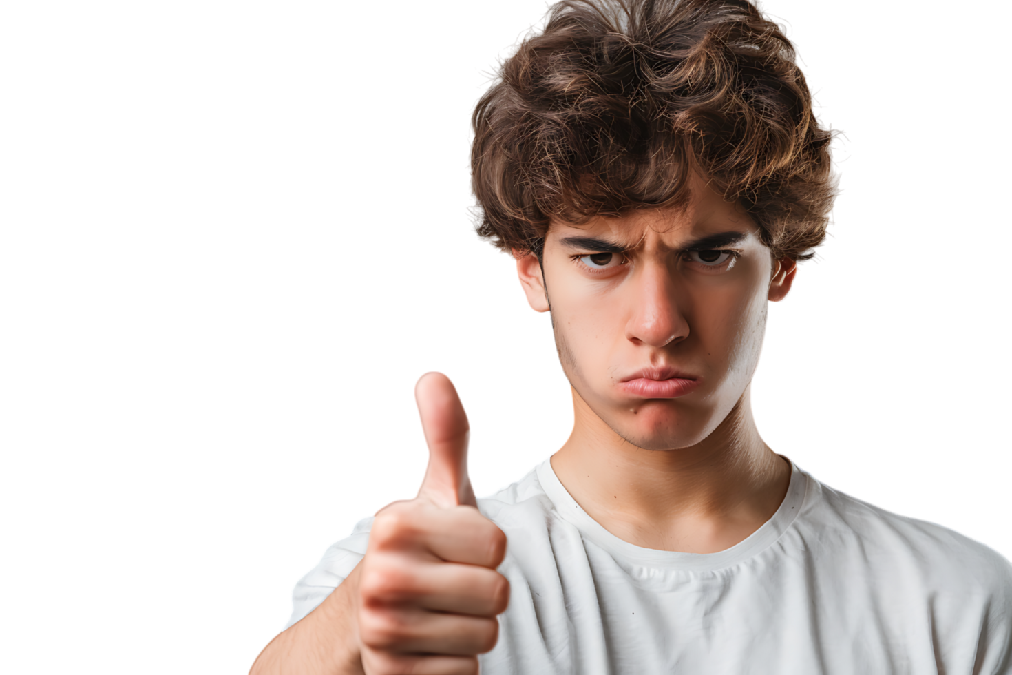 Unhappy man doing thumbs up on isolated transparent background png