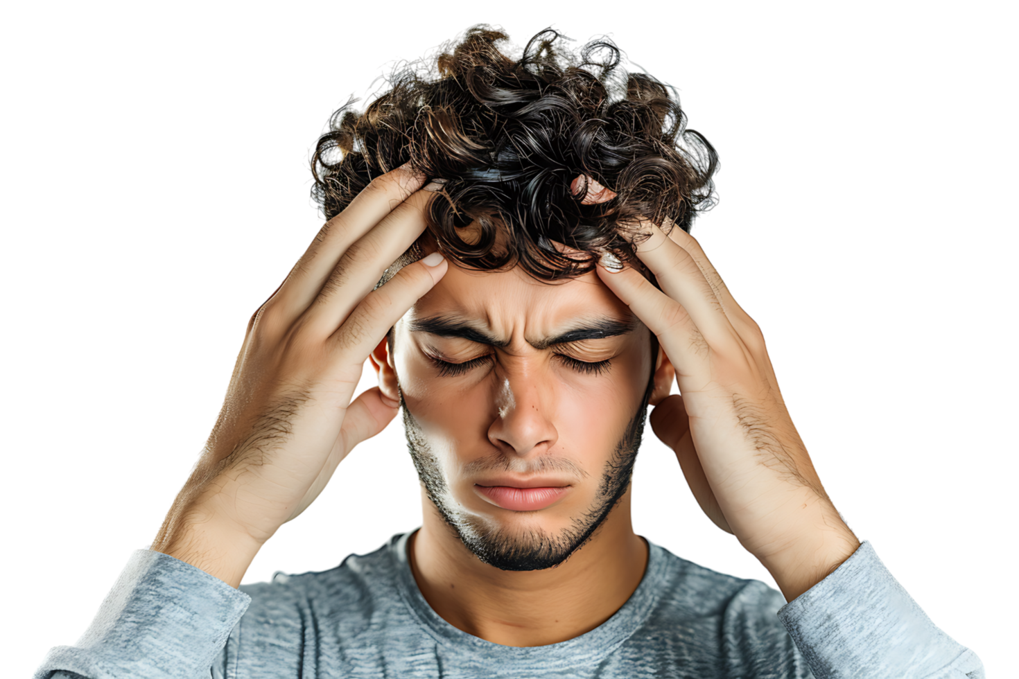 Man suffering from headache, pressing fingers to temples with closed eyes on isolated transparent background png