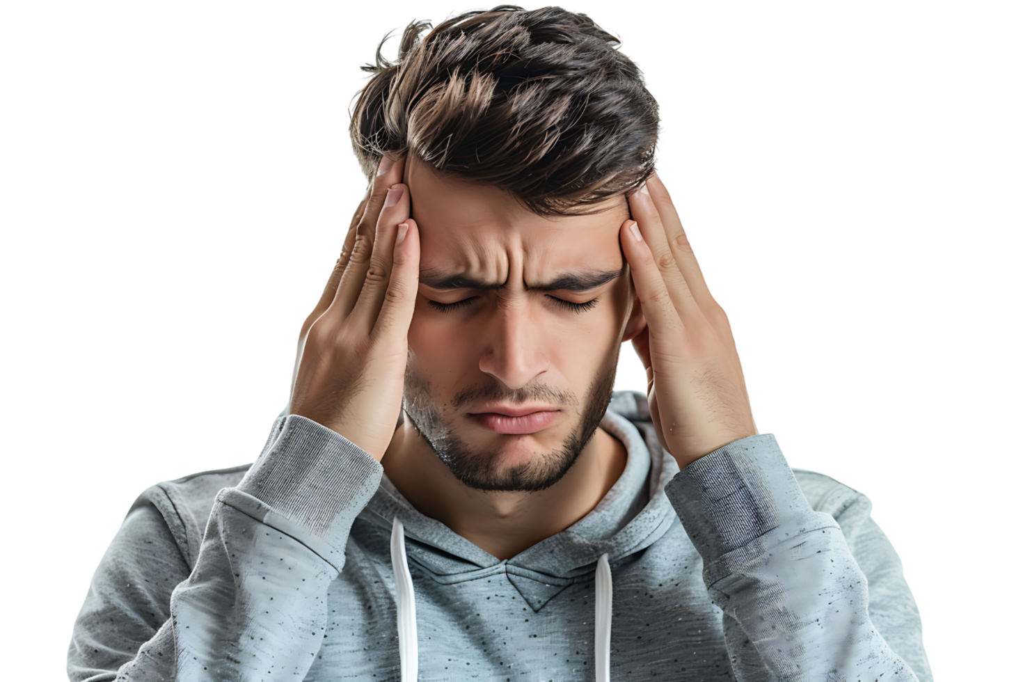 Man suffering from headache, pressing fingers to temples with closed eyes on isolated transparent background png