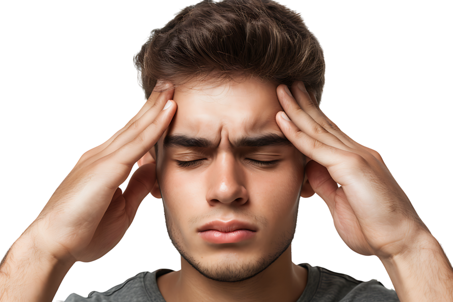 Man suffering from headache, pressing fingers to temples with closed eyes on isolated transparent background png