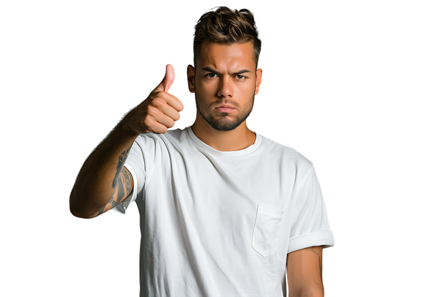 Unhappy man doing thumbs up on isolated transparent background png