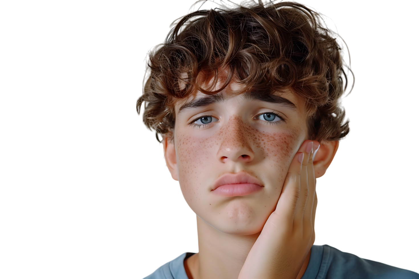 ung manlig innehav henne kind med hand, lidande från dålig tand värk på isolerat transparent bakgrund png