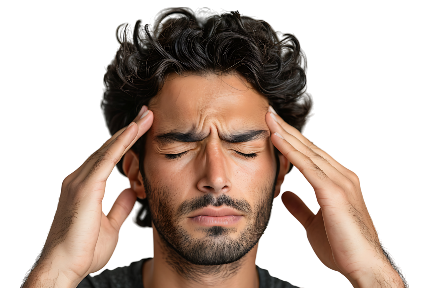 Man suffering from headache, pressing fingers to temples with closed eyes on isolated transparent background png