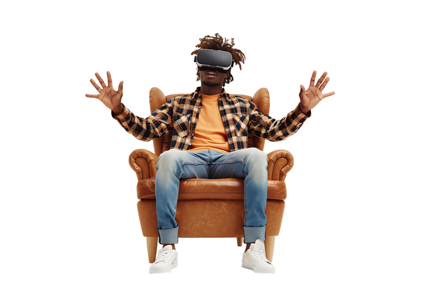 Caucasian male wearing virtual reality headset and sitting on chair on isolated transparent background png