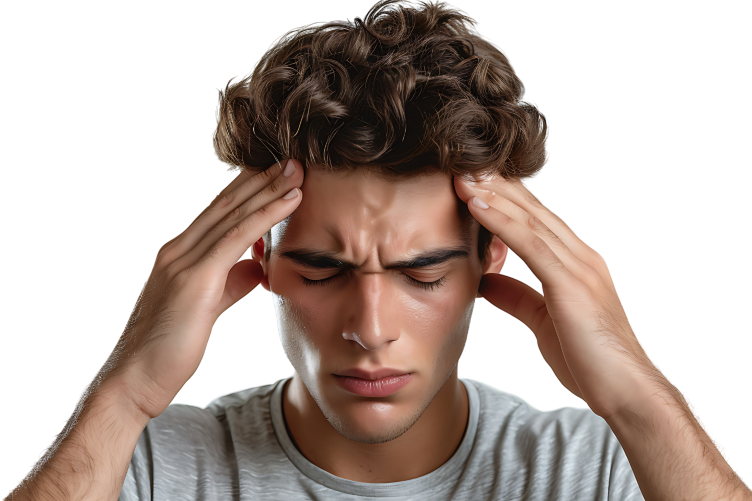 Man suffering from headache, pressing fingers to temples with closed eyes on isolated transparent background png