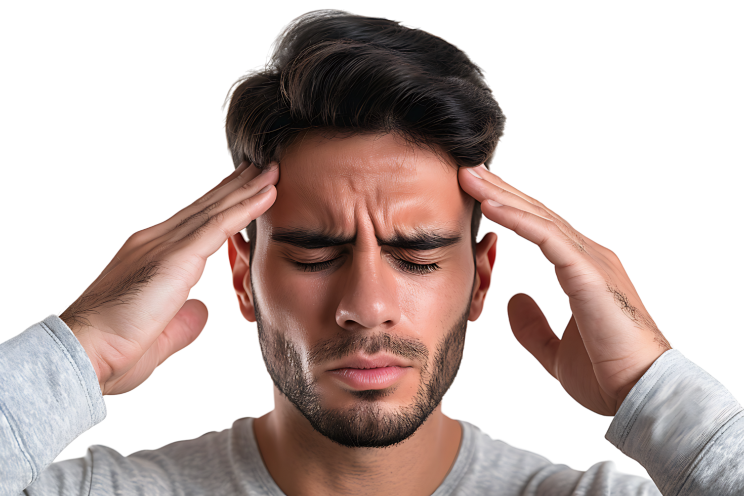 Man suffering from headache, pressing fingers to temples with closed eyes on isolated transparent background png